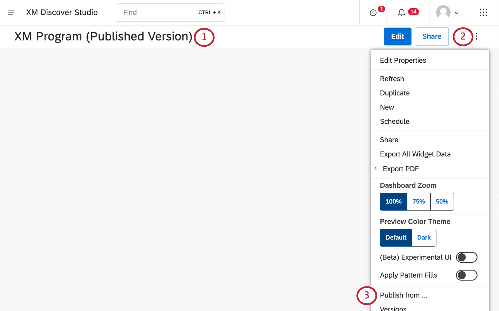 Abrir o menu de 3 pontos em um dashboard e selecionar Publicar de