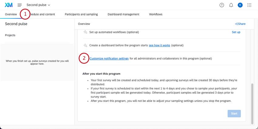 Customize notification settings button on overview tab