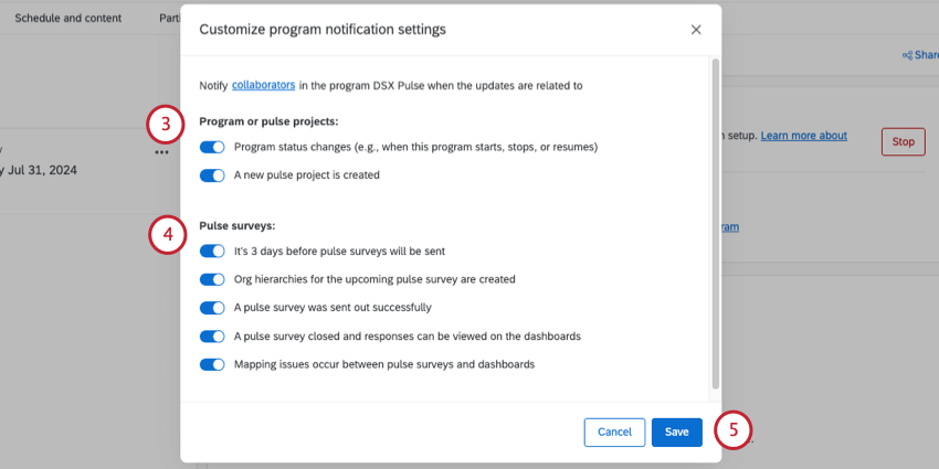 new window called customize program notification settings, where there is a series of toggles