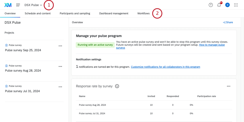 In der Übersicht Ihres Programms sehen Sie, dass Workflows die letzte Registerkarte ist, die oben aufgeführt ist.