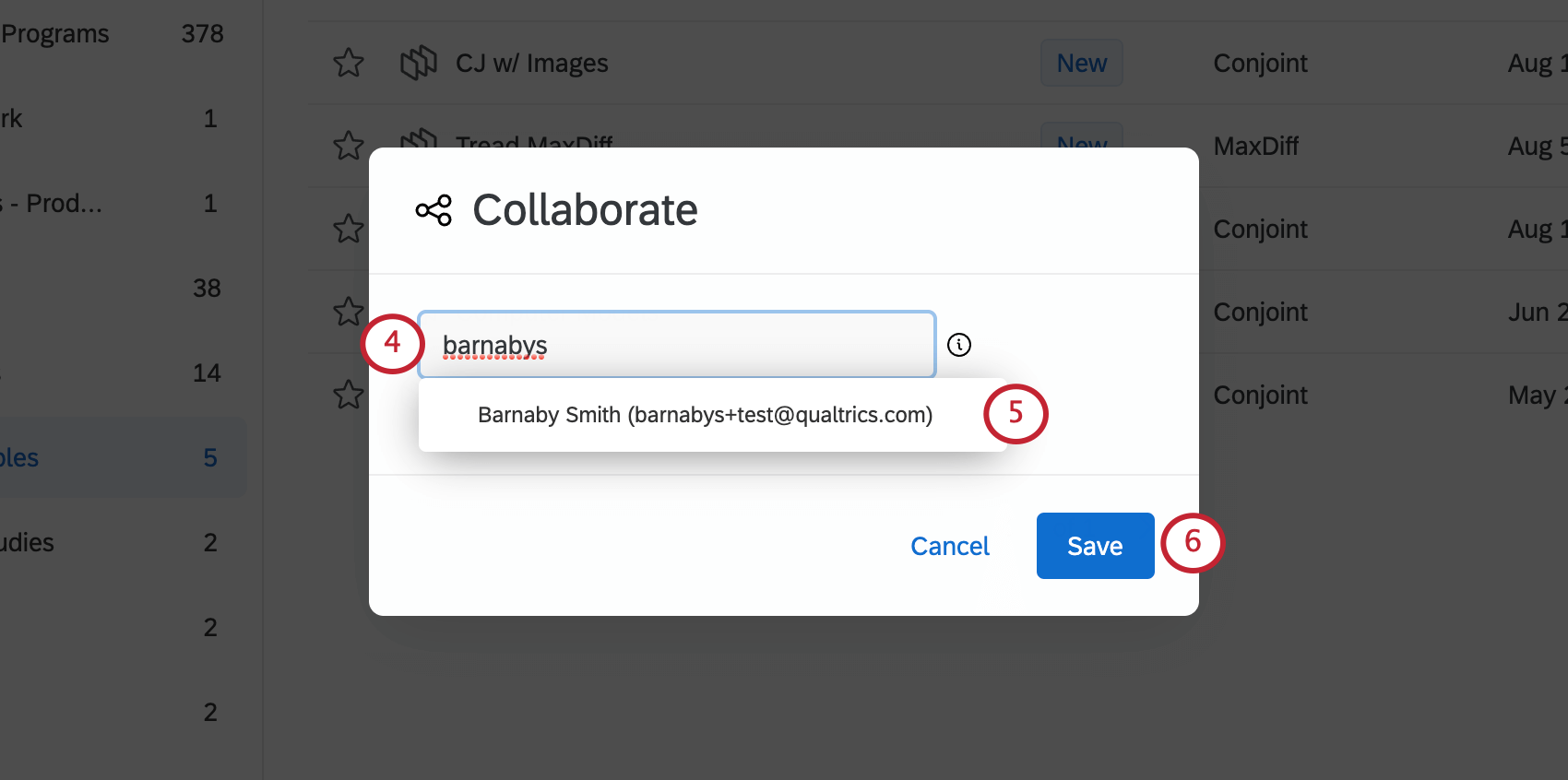 collaborate window with small text field for searching users opens over the page