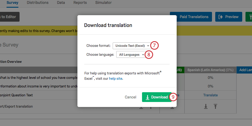 janela de download da tradução com botão verde no canto inferior direito