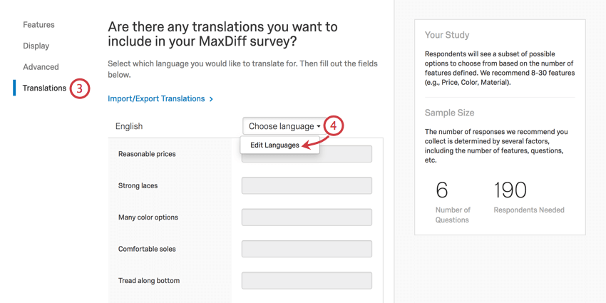 sélection des traductions à gauche, liste des attributs avec des champs pour la saisie des traductions, au-dessus une liste déroulante de langues