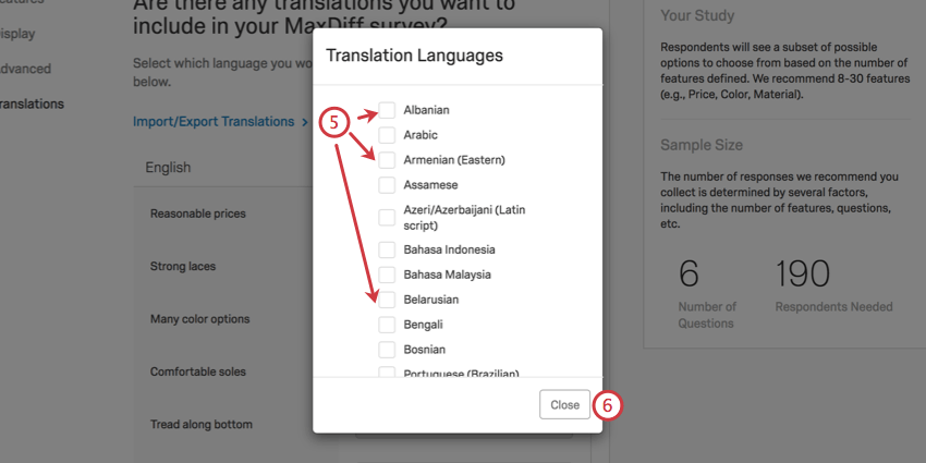 sélection des cases à cocher suivant les langues ; bouton de fermeture en bas à droite