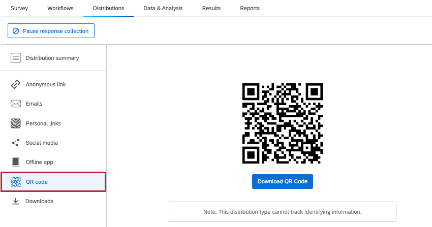 QR Code page of the Distributions Tab