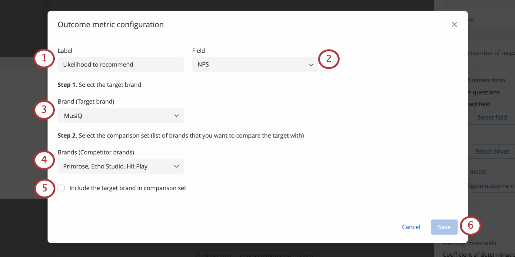 a new window that opens for outcome metric configuration