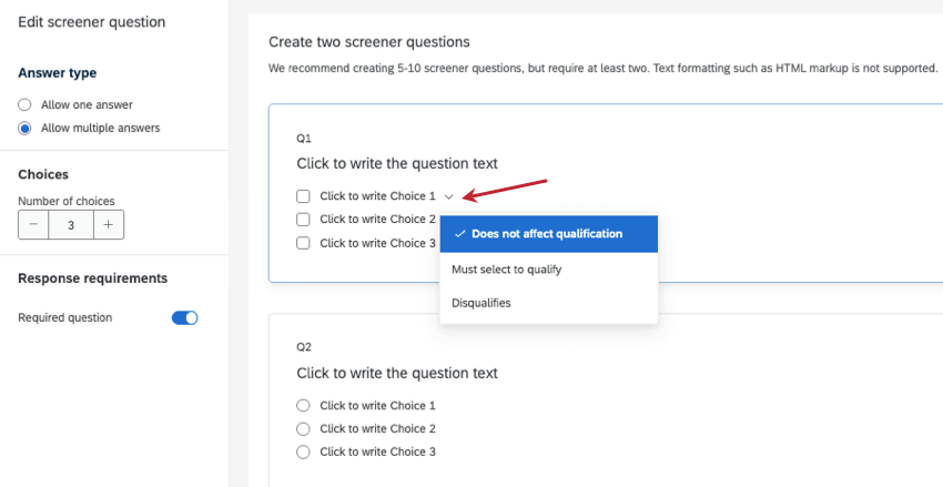 showing how to access the qualifies menu for different answers in a screener question