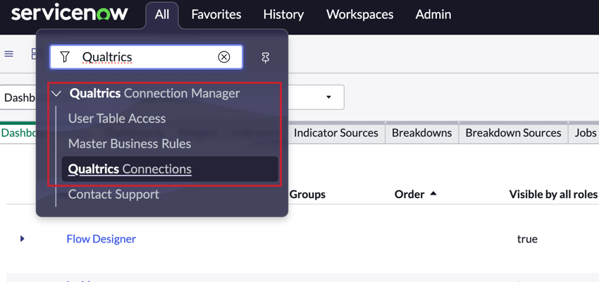 El menú de navegación para ir a las diferentes secciones de Qualtrics Connection Gerente