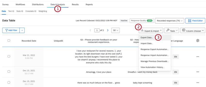 Data & Analysis showing where you can export your data from the Tools menu