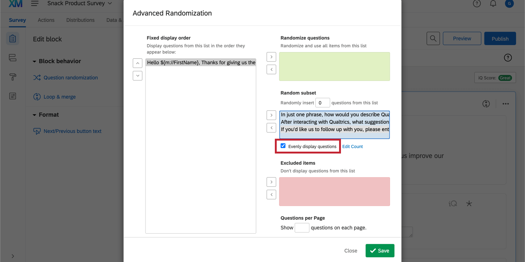 Option „Elemente gleichmäßig darstellen“ im Menü „Zufällige Untergruppe“