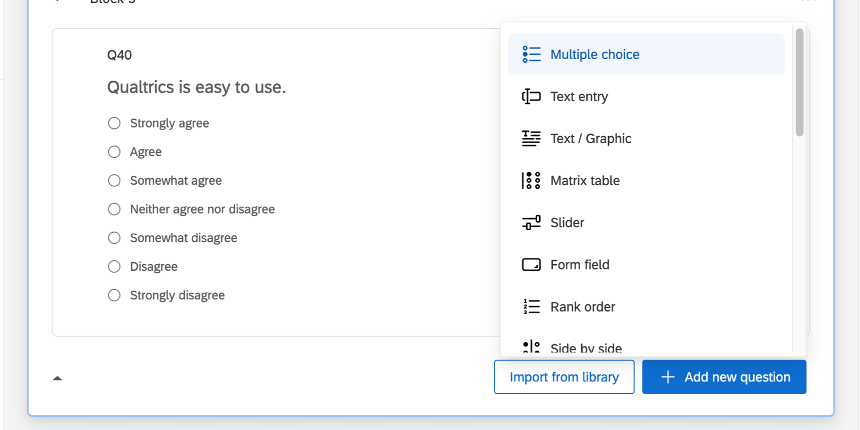 Dropdown arrow next to Create a New Question reveals a full list of question types