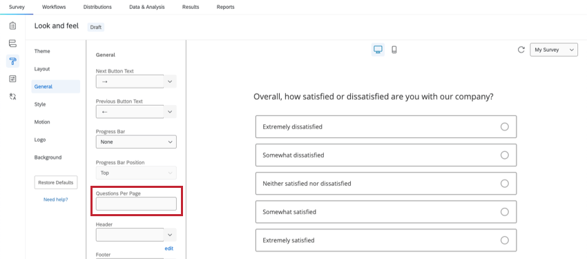 The questions per page option in the look and feel editor