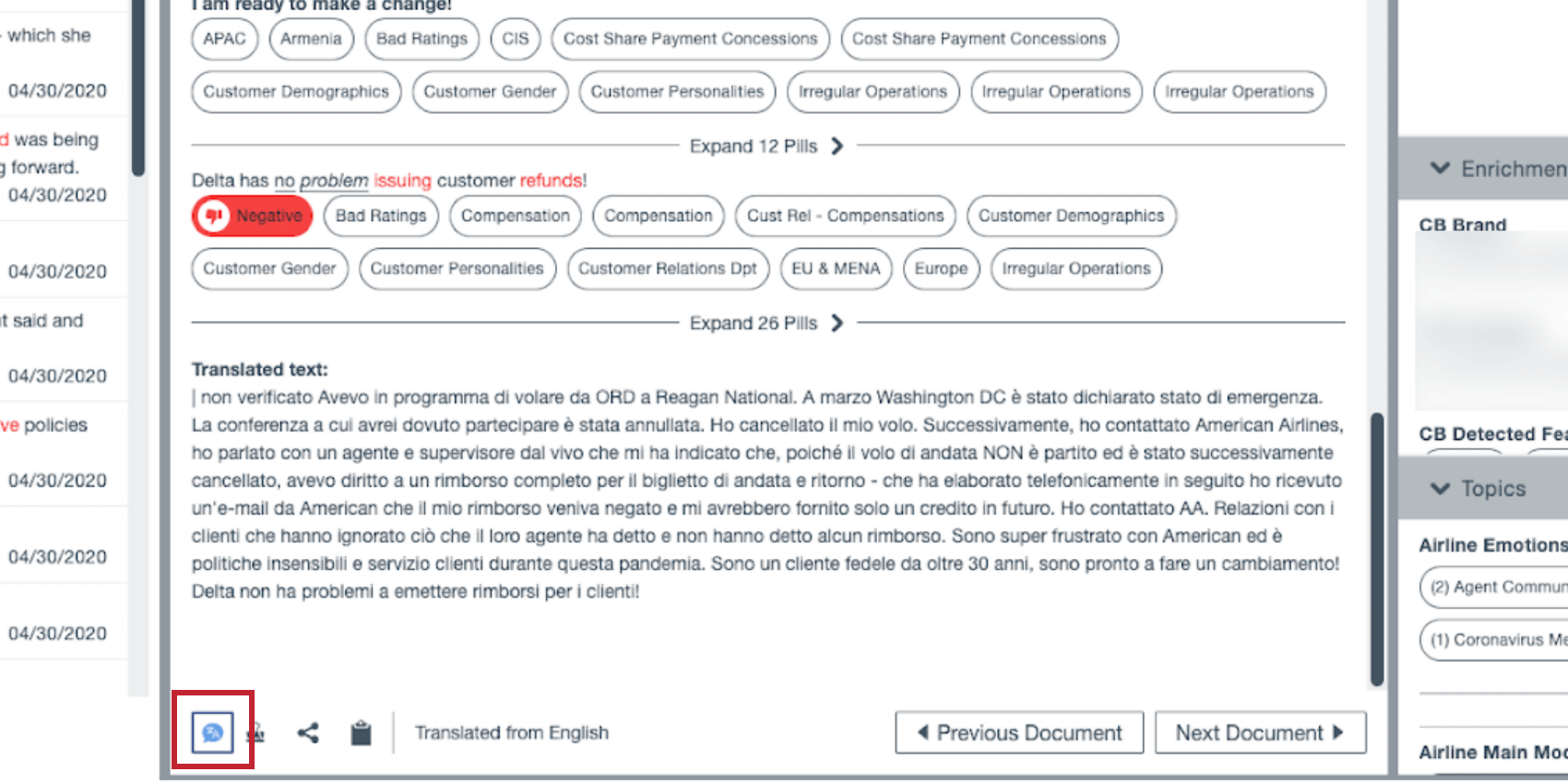 the quick translate option in the document explorer