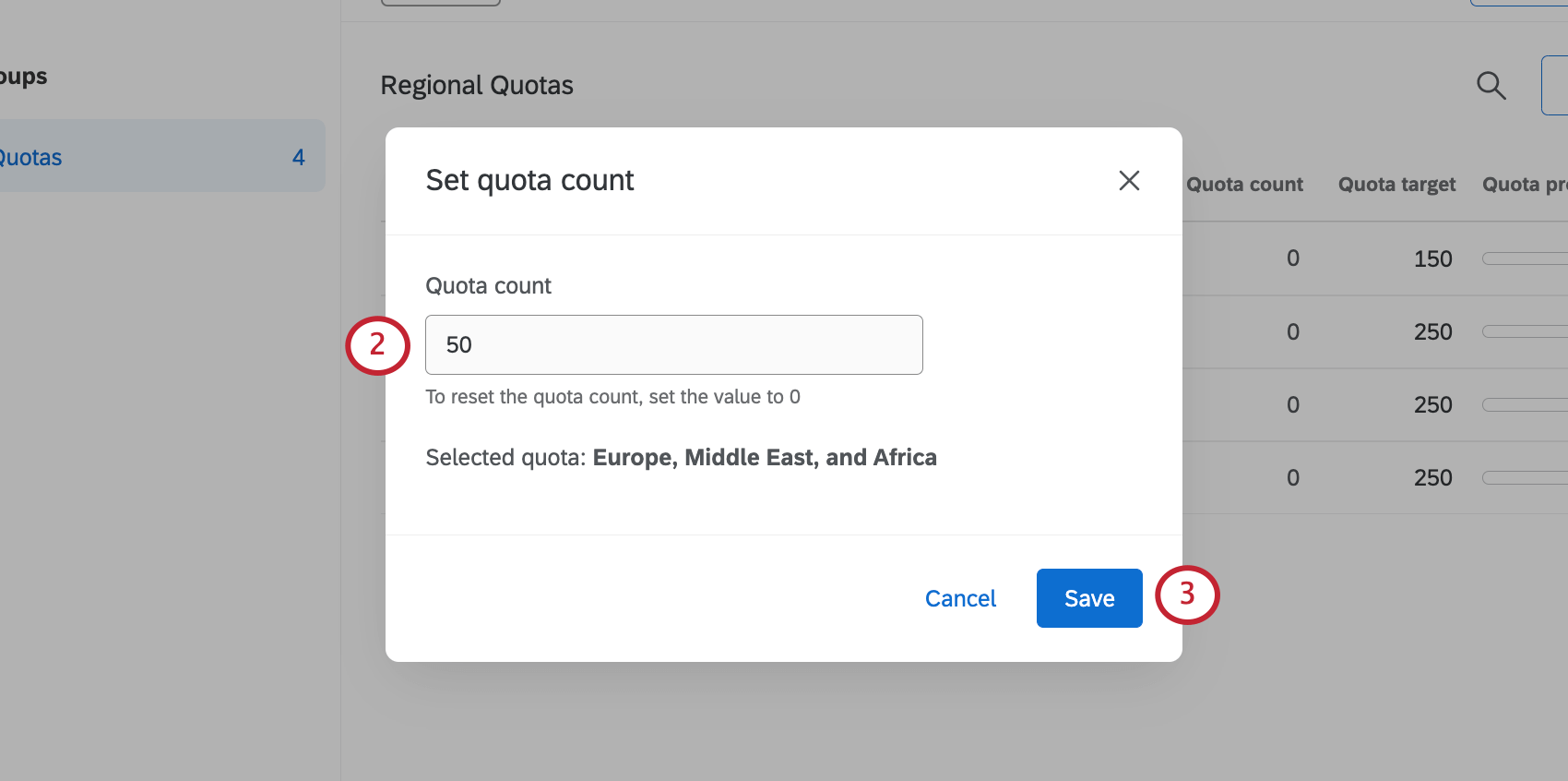 new window where you set quota counts