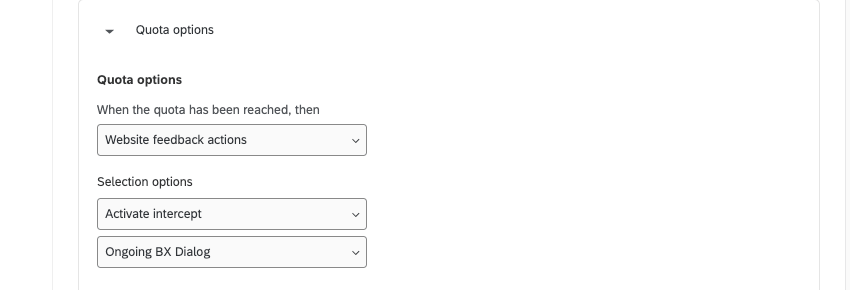 A quota. On the right under When the quota has ben met, then... Website / App Feedback is selected and the user is choosing between Activate and Deactivate intercept in the next dropdown menu