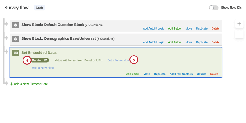 adding an embedded data element for random ID and clicking set a value now