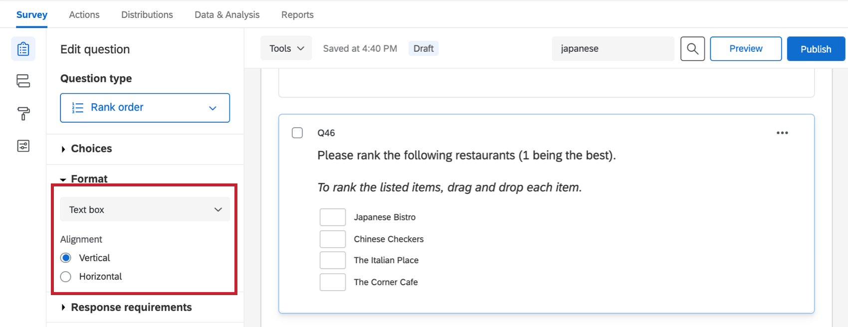 The question is set to text box, putting an empty text box next to each option that can be ranked