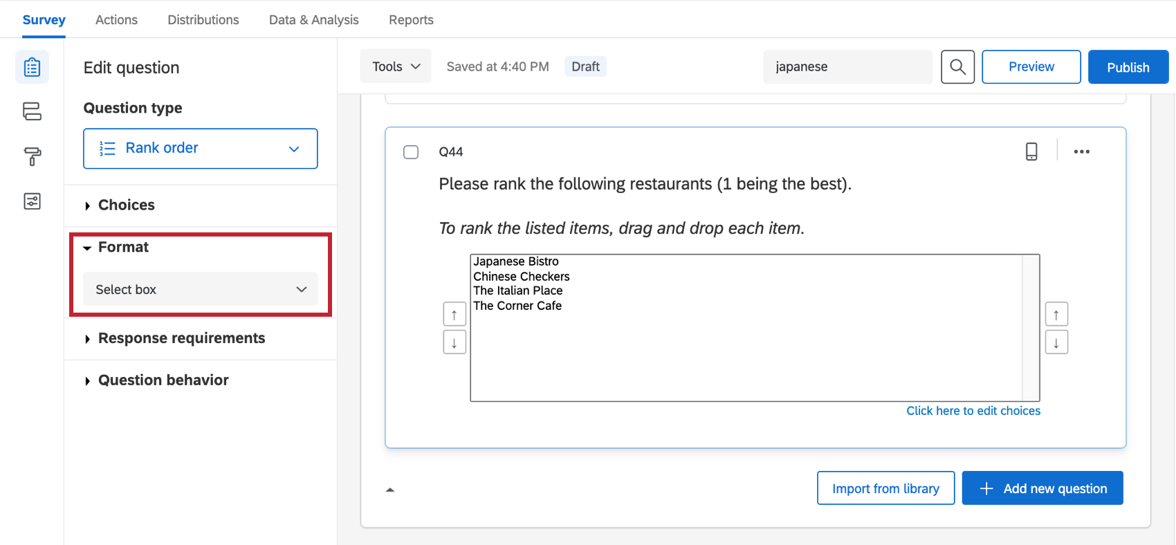 Select Box is selected, making the question appear as a boxed list where items can be reordered with arrows on the left and right