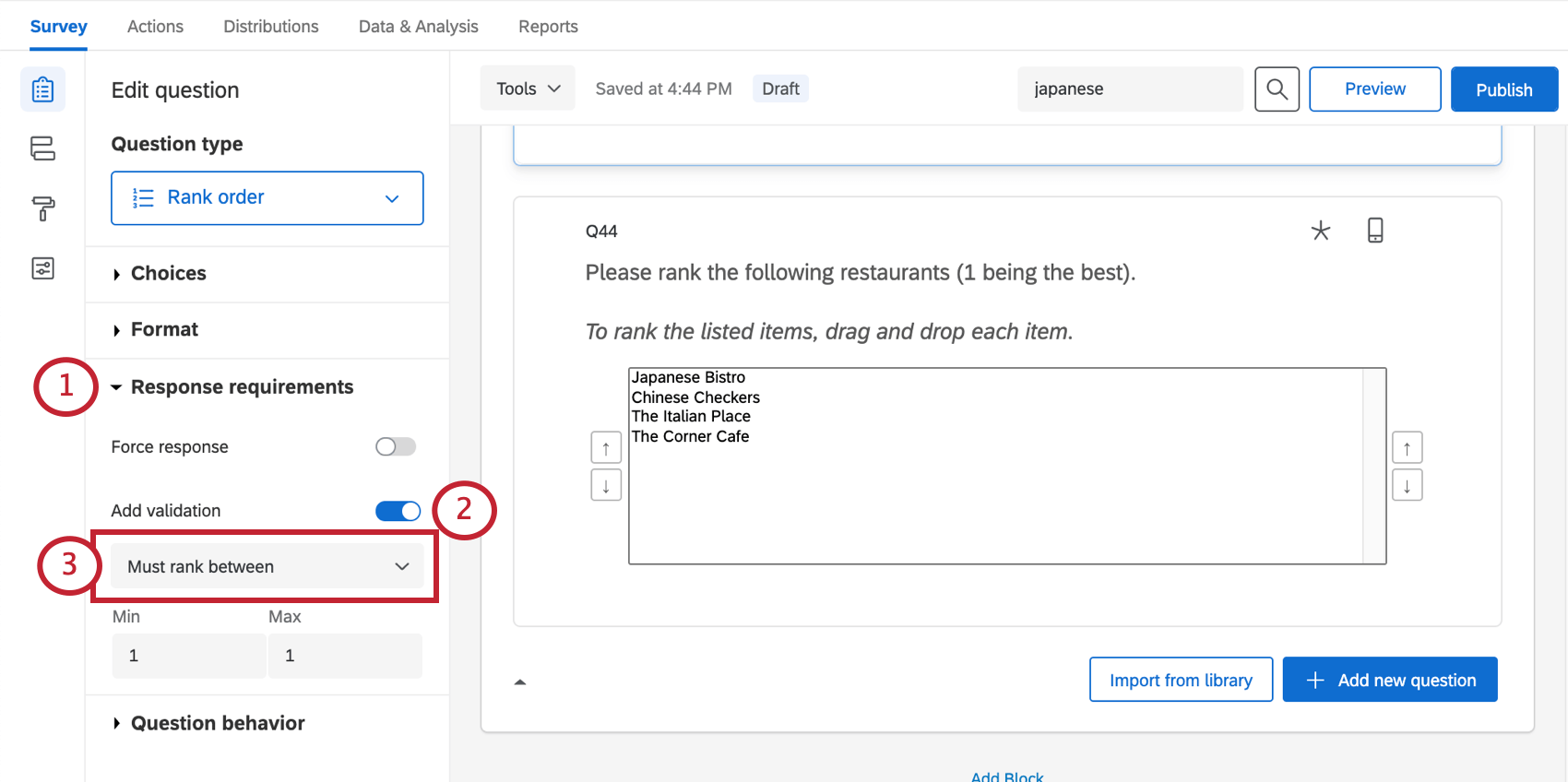Validation set to Must Rank Between with boxes for the values that must be ranked between