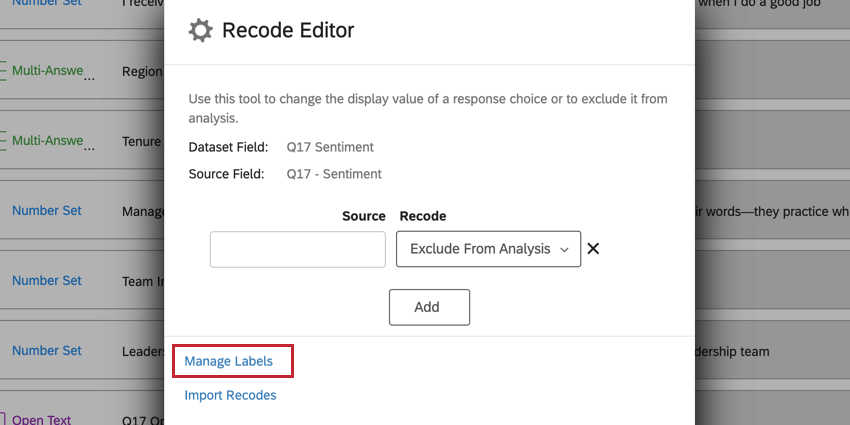 clicking manage labels in the recode window