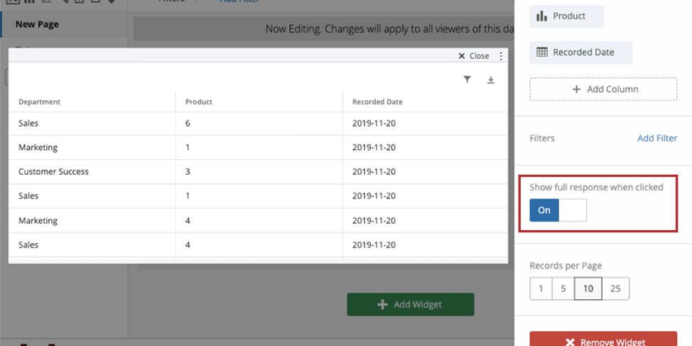 Described option in the widget editing pane to the right of a record grid (only visible when double clicked)