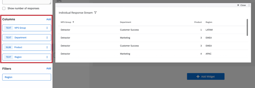Column configuration in the widget menu.