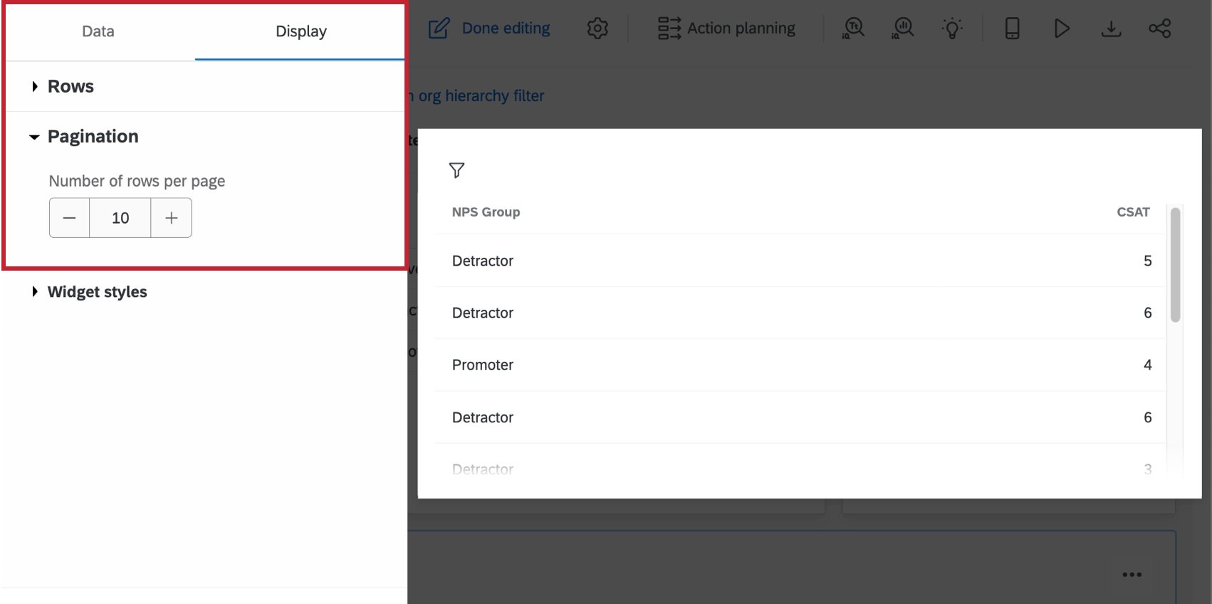 Record table widget display options