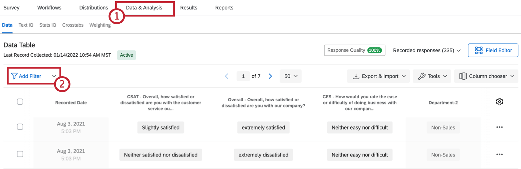 Loption Ajouter un filtre se trouve dans le coin supérieur gauche de longlet Données et analyse