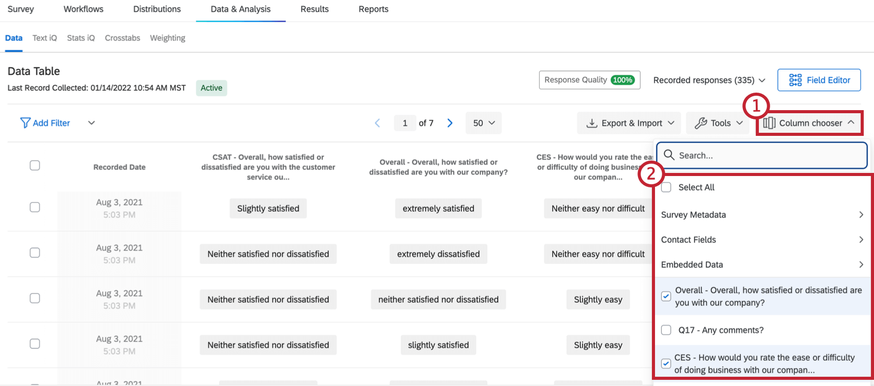 Choix des colonnes dans le menu Outils de la fenêtre Données et analyse