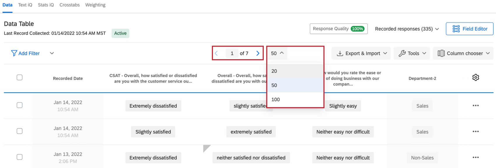 The arrows along the top of the responses