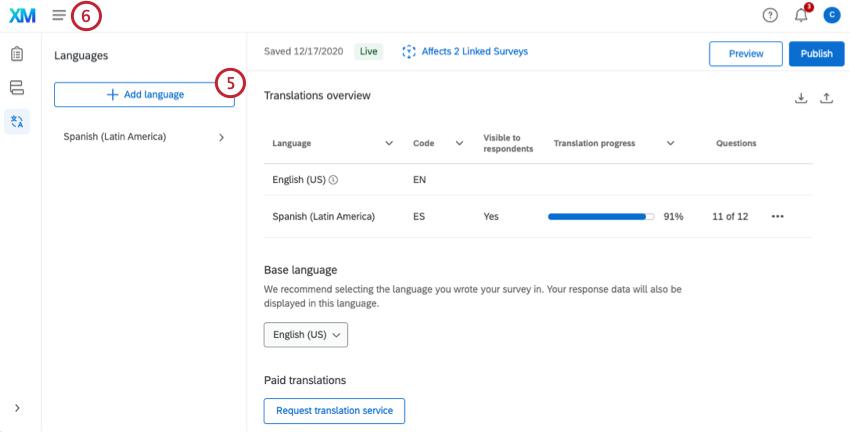 the translation window for adding survey translations