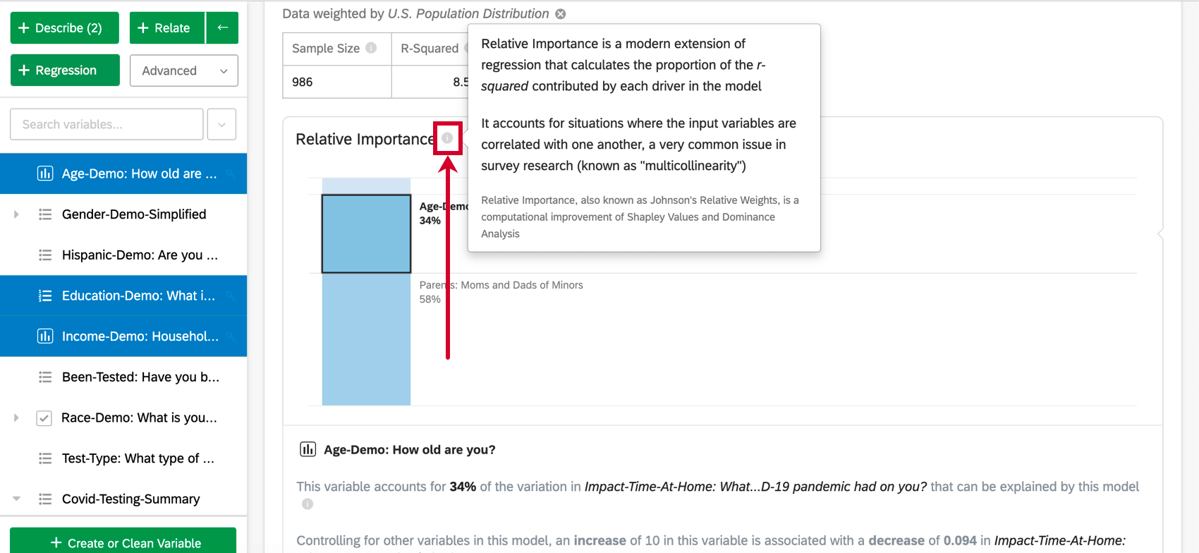 Arrow pointing to the tooltip next to the relative importance title on the graph