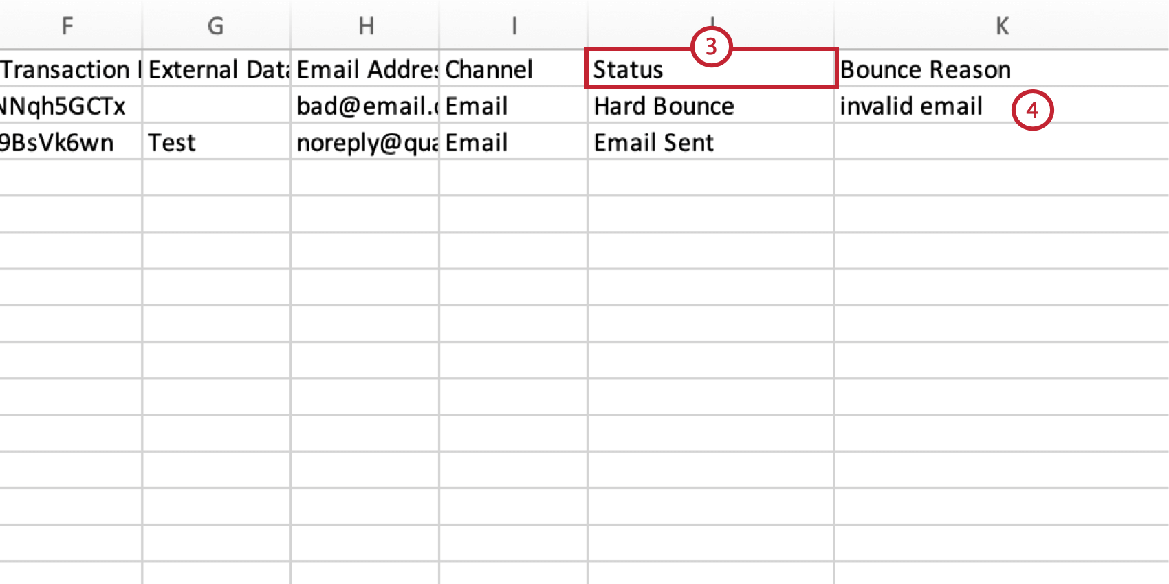 filtering the status column and looking at the bounce reason in the Bounce Reason column