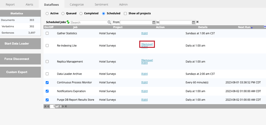 clicking remove to delete the dataflow