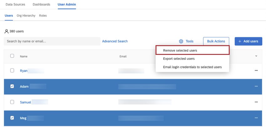 remove selected users button