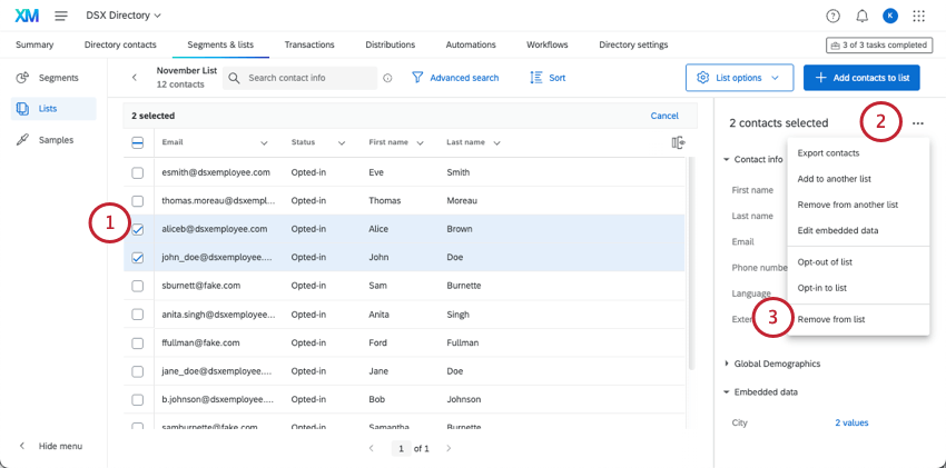 auswahl mehrerer Kontakte und Hervorhebung des Entfernens aus der Liste