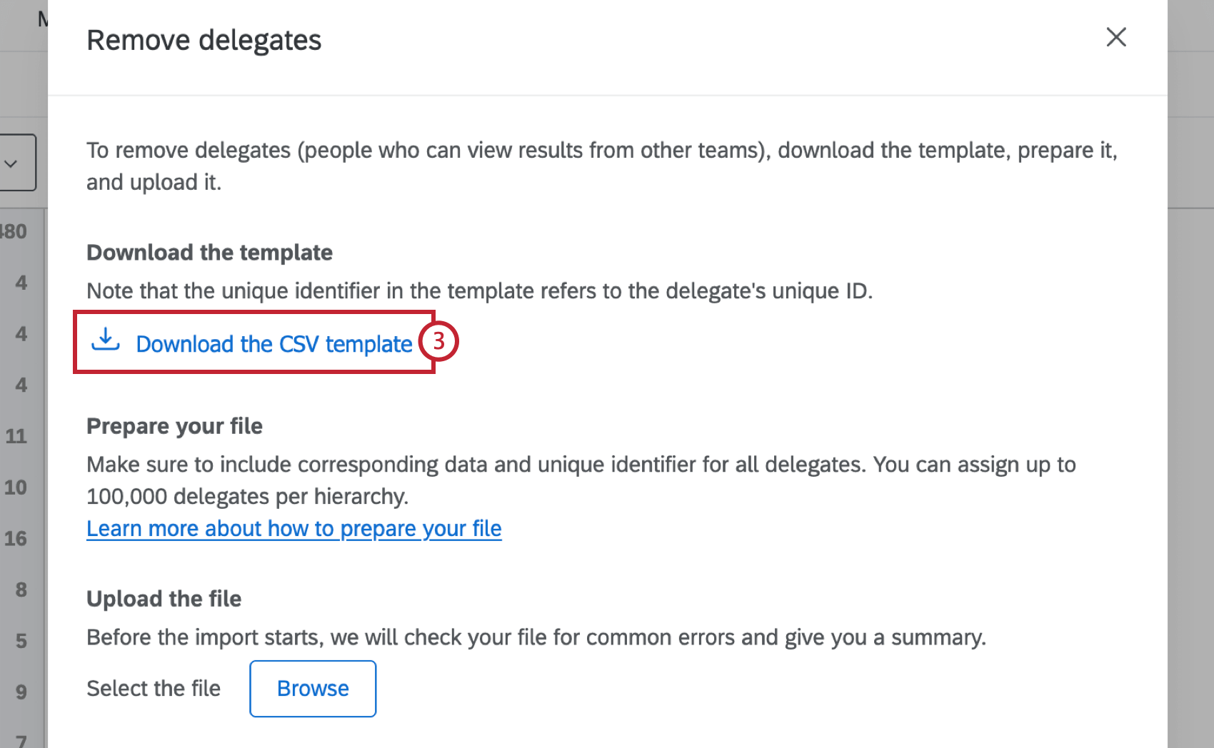 en cliquant sur le téléchargement du modèle CSV