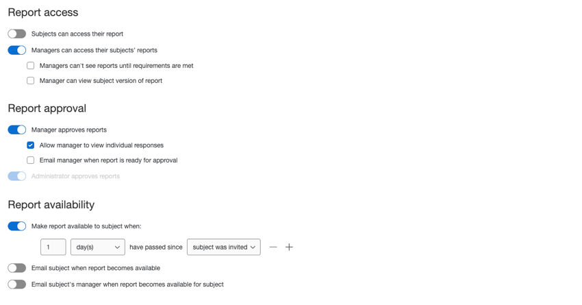 the reports options section in a 360 project