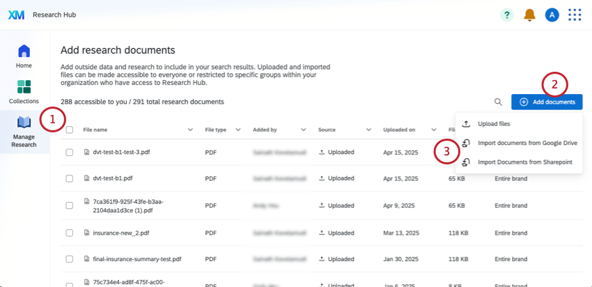 immagine dellapertura della pagina di gestione delle ricerche e della decisione di aggiungere da google drive o sharepoint invece di caricare da un computer