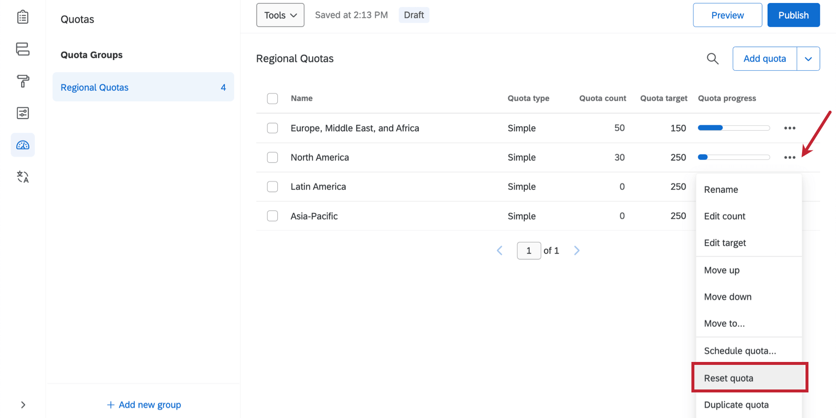 Dropdown next to a quota says Reset quota