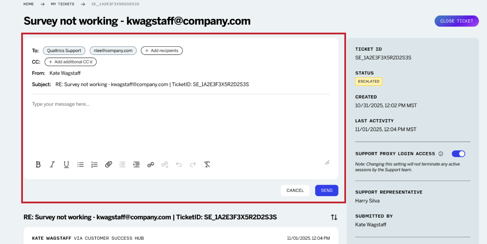 der E-Mail-Editor für die Beantwortung eines offenen Support-Tickets