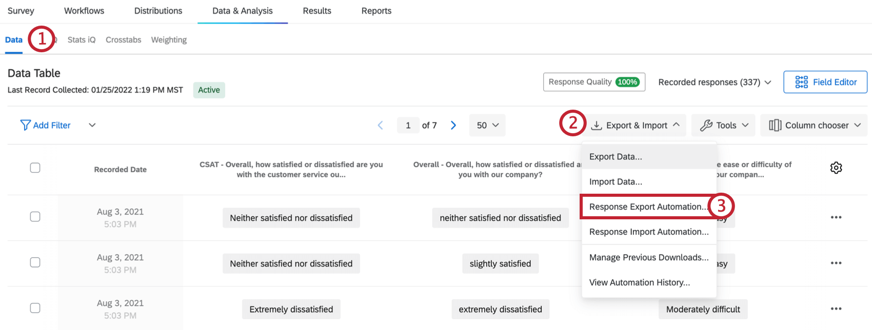 the response export automation option in the export & import menu in data and analysis