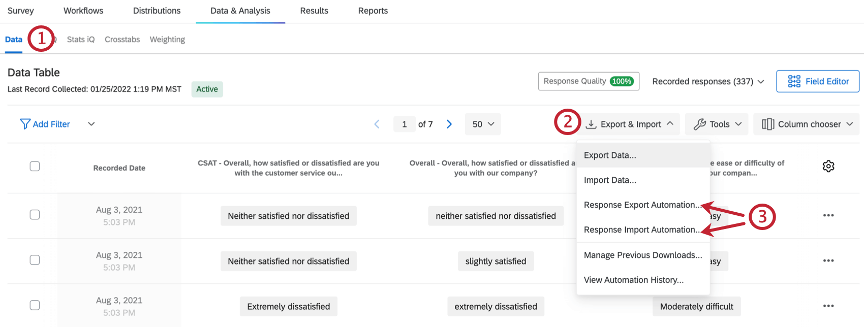 Daten & Analyse-Tab. Der Import& Export-Button wurde ausgewählt, um dann eine Automatisierung auszuwählen