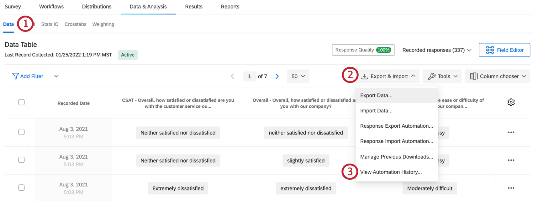 the view automation history option in the export & import menu