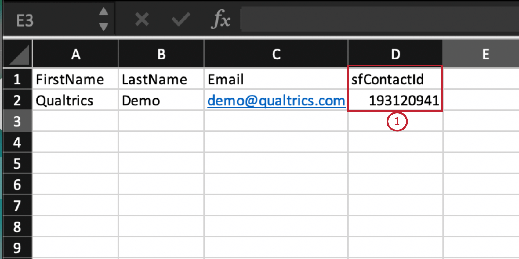 ein Excel-Arbeitsblatt mit einer Spalte für sfContactId