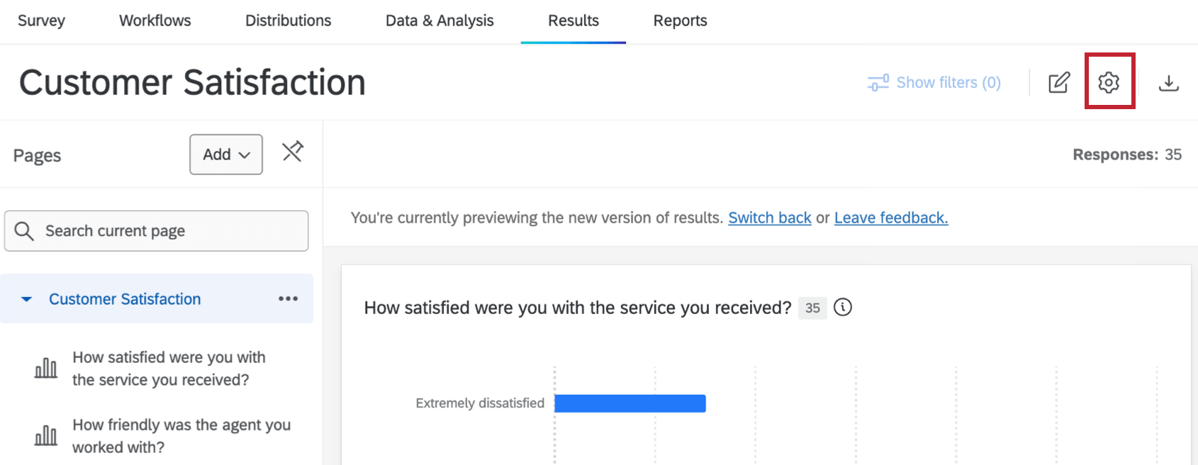 Schaltfläche "Einstellungen" in einem Dashboard für Ergebnisse