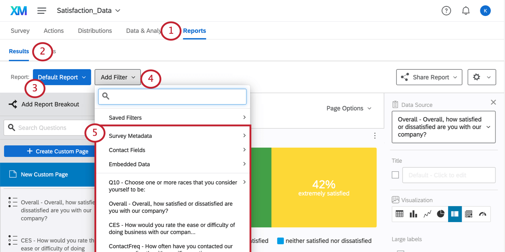 Add Filter button reveals a list of all survey fields, including questions and embedded data