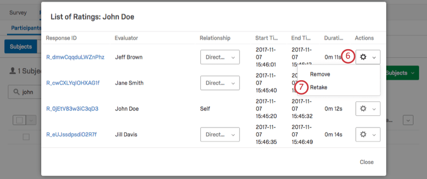 List of Ratings pop up window