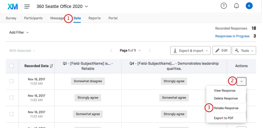 Retake option for a single response in the Data tab