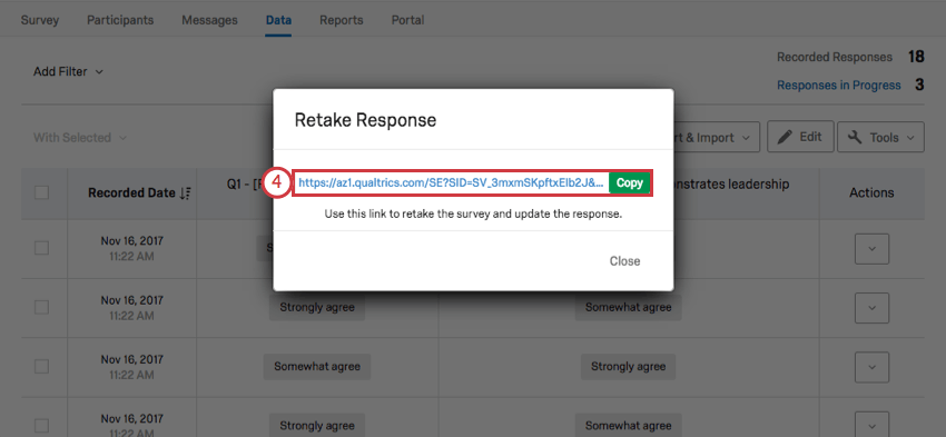 Copying the link in the Retake Response pop up window